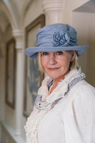 Linen Cloche Hat with Soft Brim & Detachable Flower Brooch