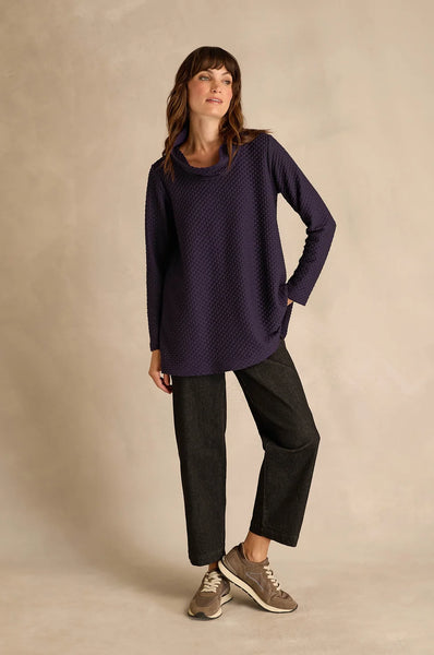 Waffle Textured Jersey Cowl Neck Top in Damson