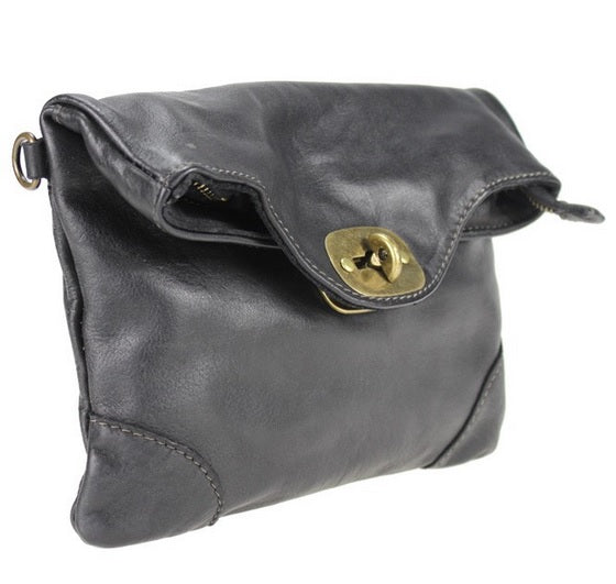 Leather Bag with Metal Fastening in Black, Dark Brown, Military and Taupe
